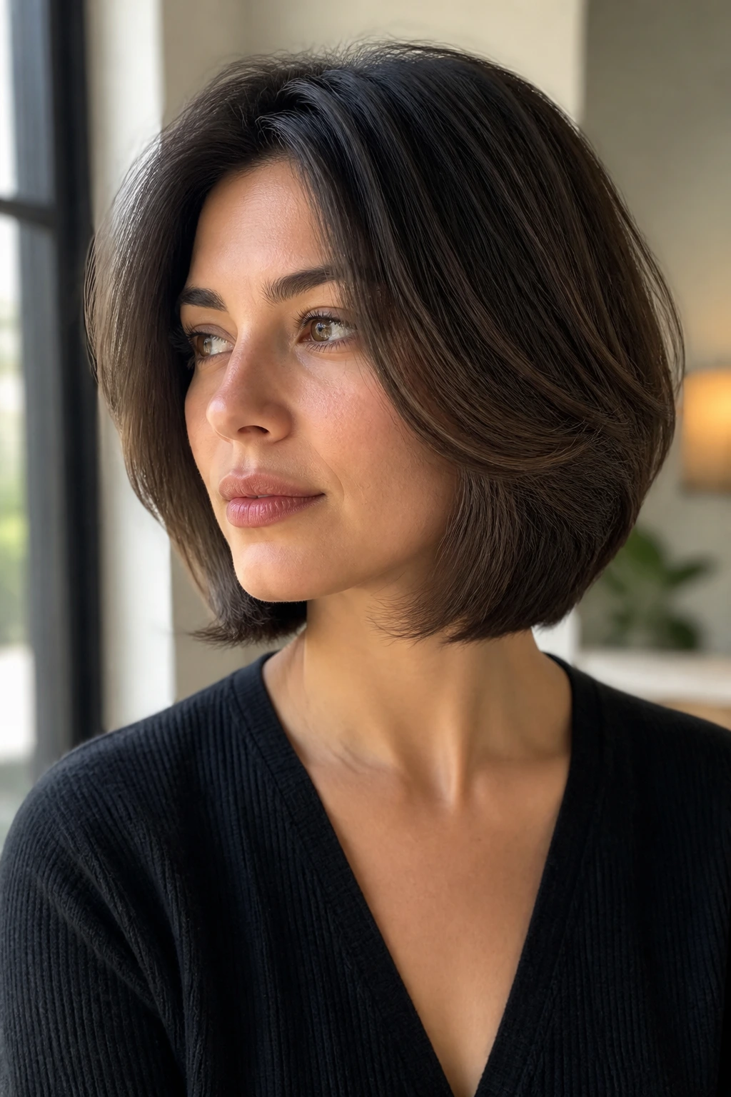 Close-up of a real woman with a thick, dense feathered bob.