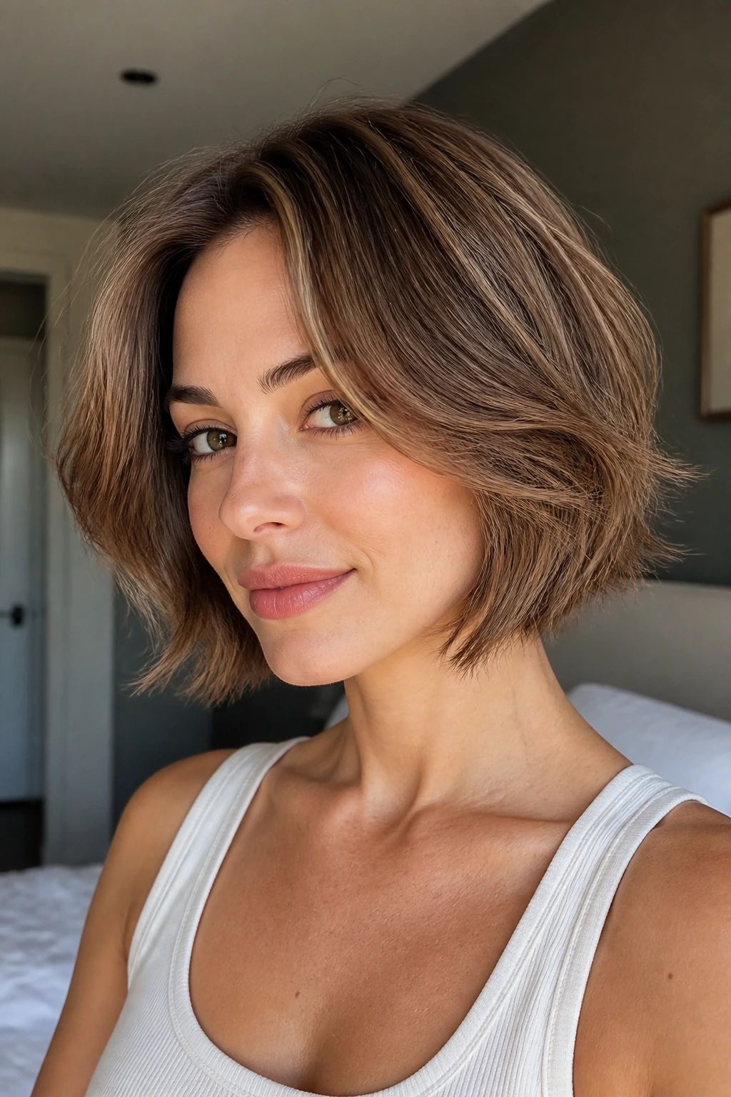 Feathered bob with soft airy ends on a real person