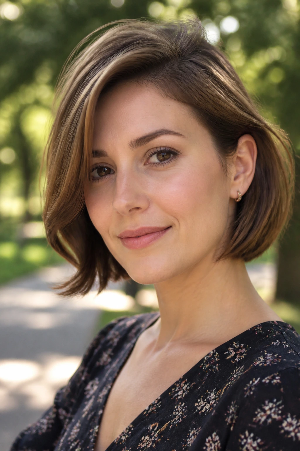 Close-up portrait of a woman with a feathered bob tucked behind one ear in a park.