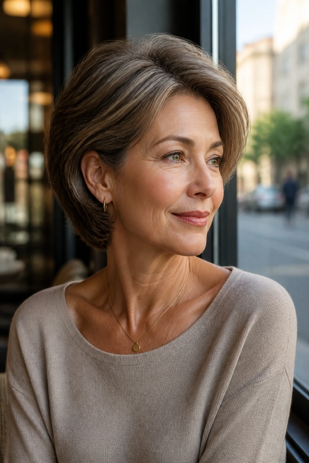 Close-up of a real woman with a softly stacked feathered bob and tucked sides behind ears.