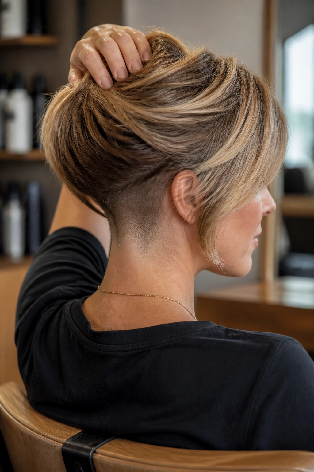 Real person with feathered bob showing undercut relief at nape; feathered surface