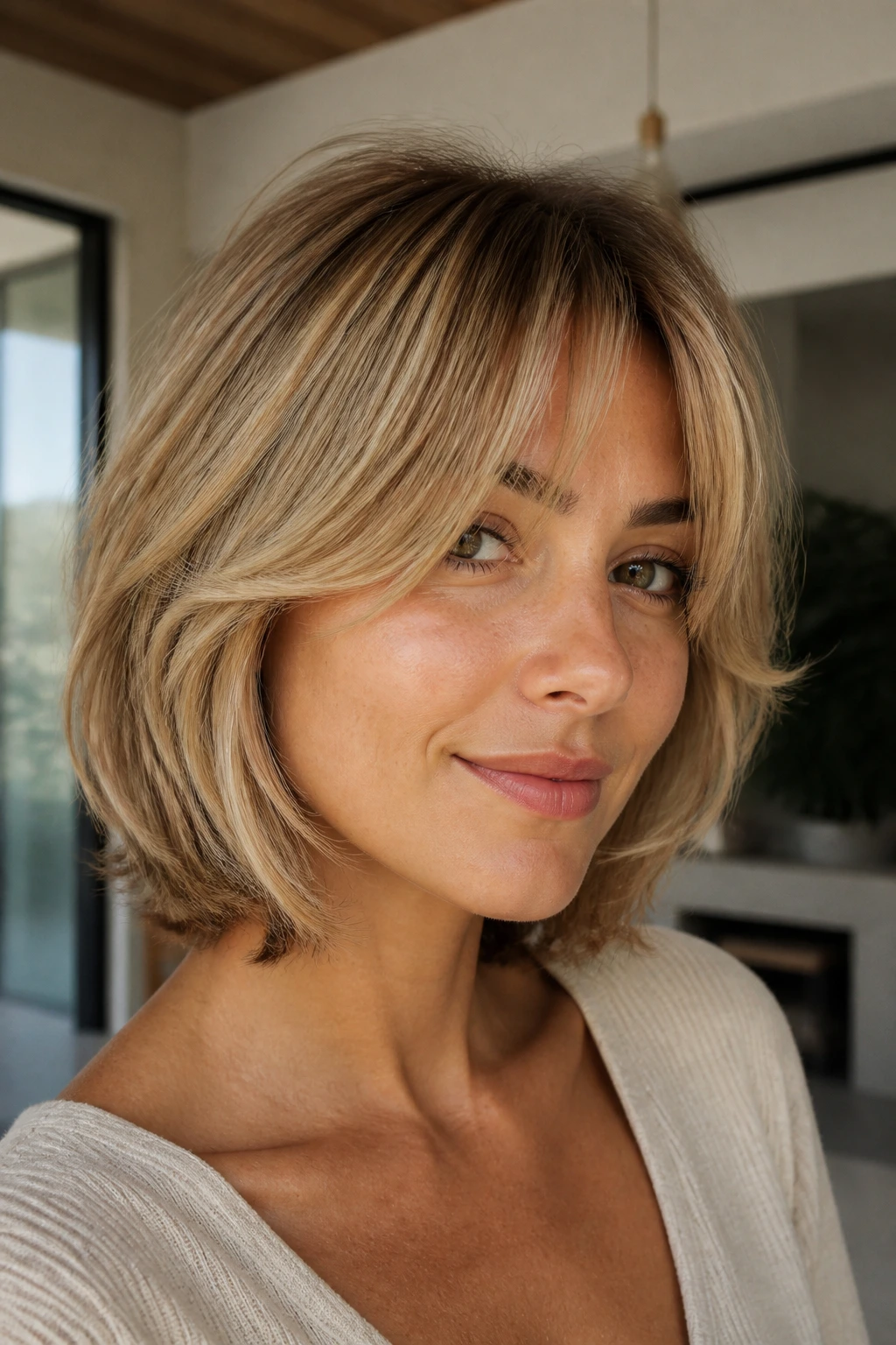 Woman with soft bob and face-framing feather pieces