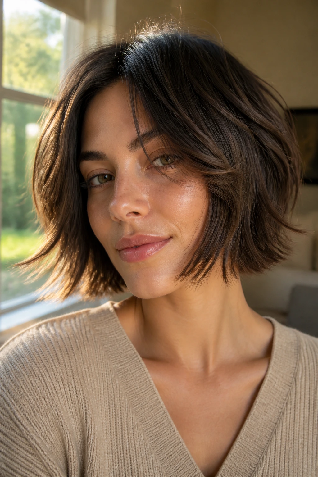 Close-up of real woman with feathered wispy ends bob