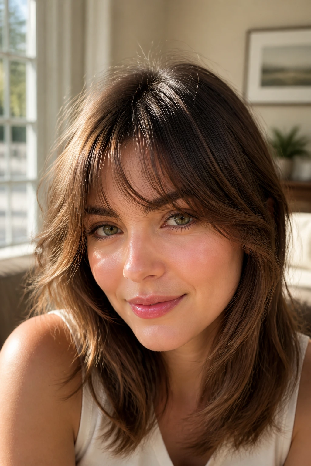 Close up of a real woman with feathered bottleneck bangs that skim the cheekbones