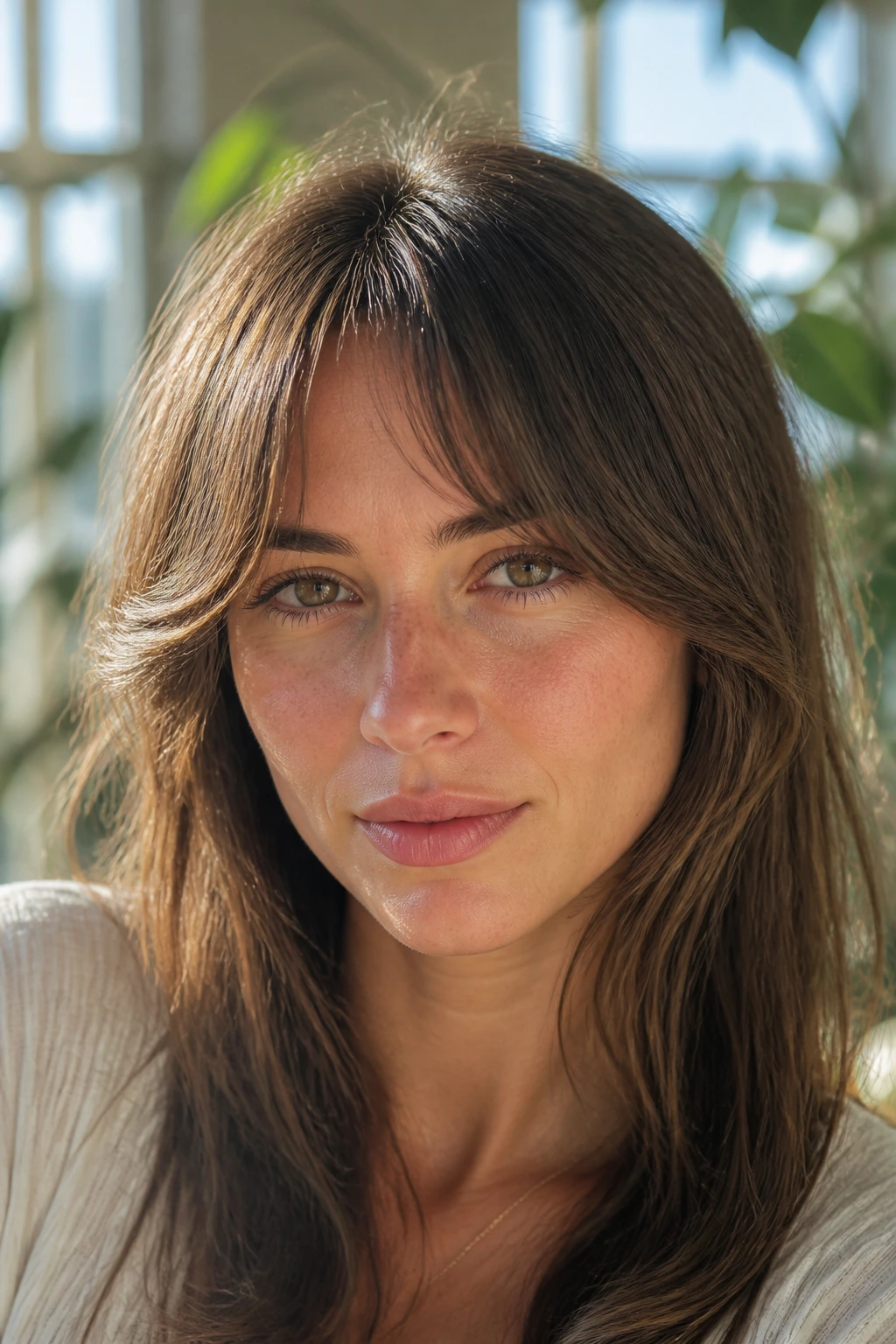Close-up of a real person with feathered bottleneck bangs for fine hair in bright daylight