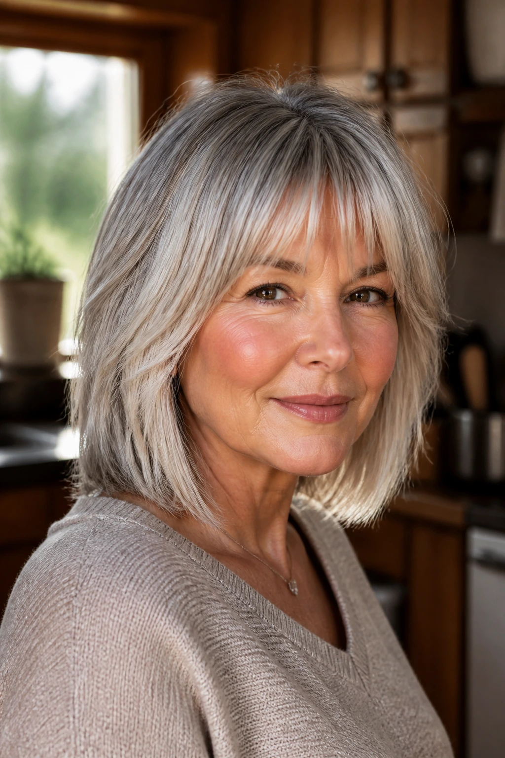 Close-up portrait of a real woman with feathered bottleneck fringe and silver hair.