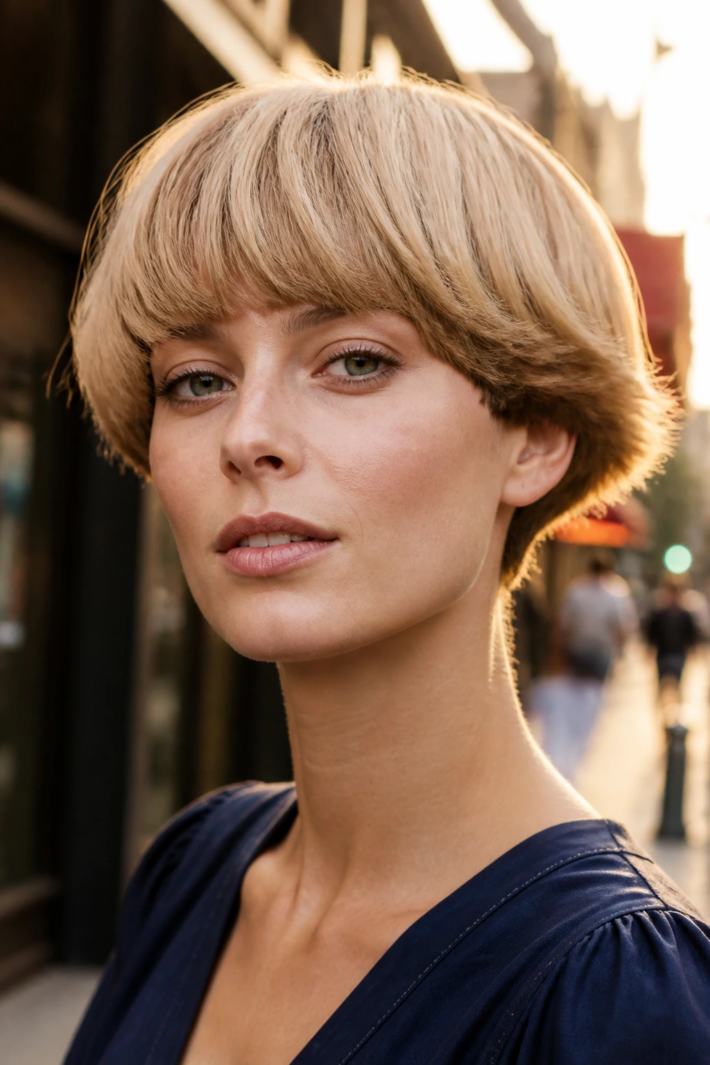 Real person with feathered bowl cut in urban street setting.