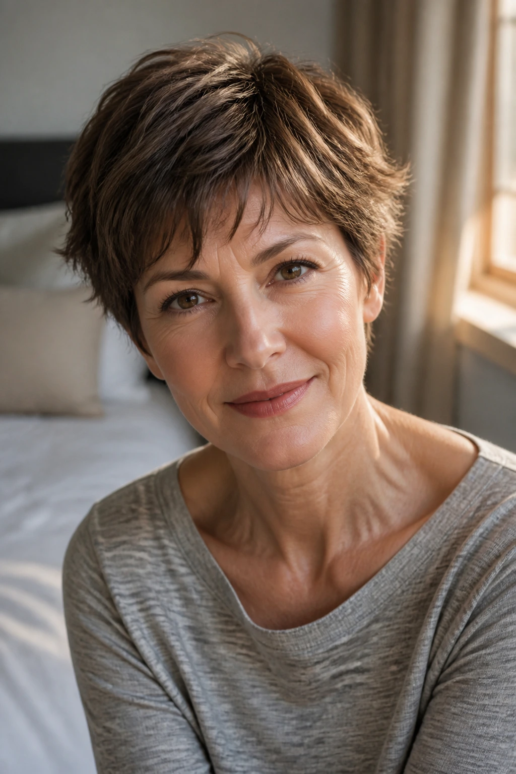 Close-up of a real person with a feathered boyish cut.