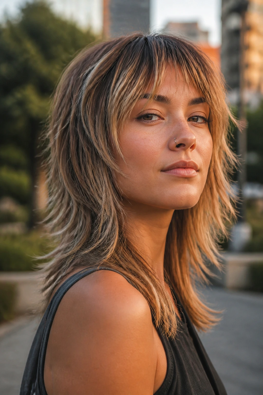 Close-up of a real woman with Feathered Bronde Shag Mullet showing feathered vertical ribbons in bronde tones.