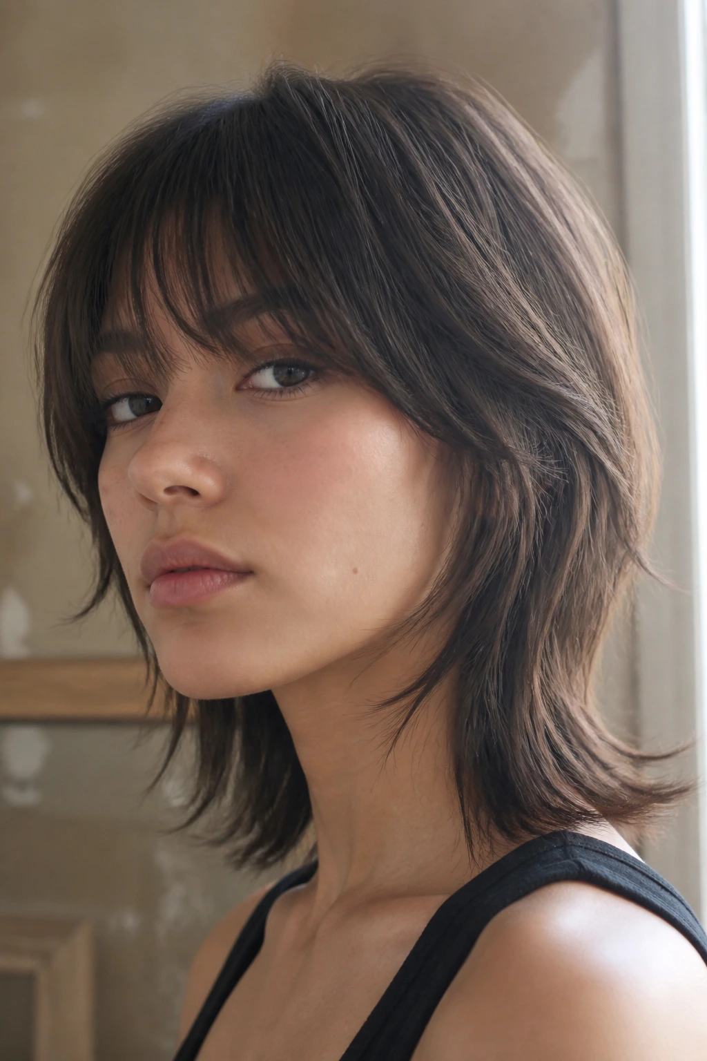 Close-up of feathered brow-fringe wolf cut on straight hair.