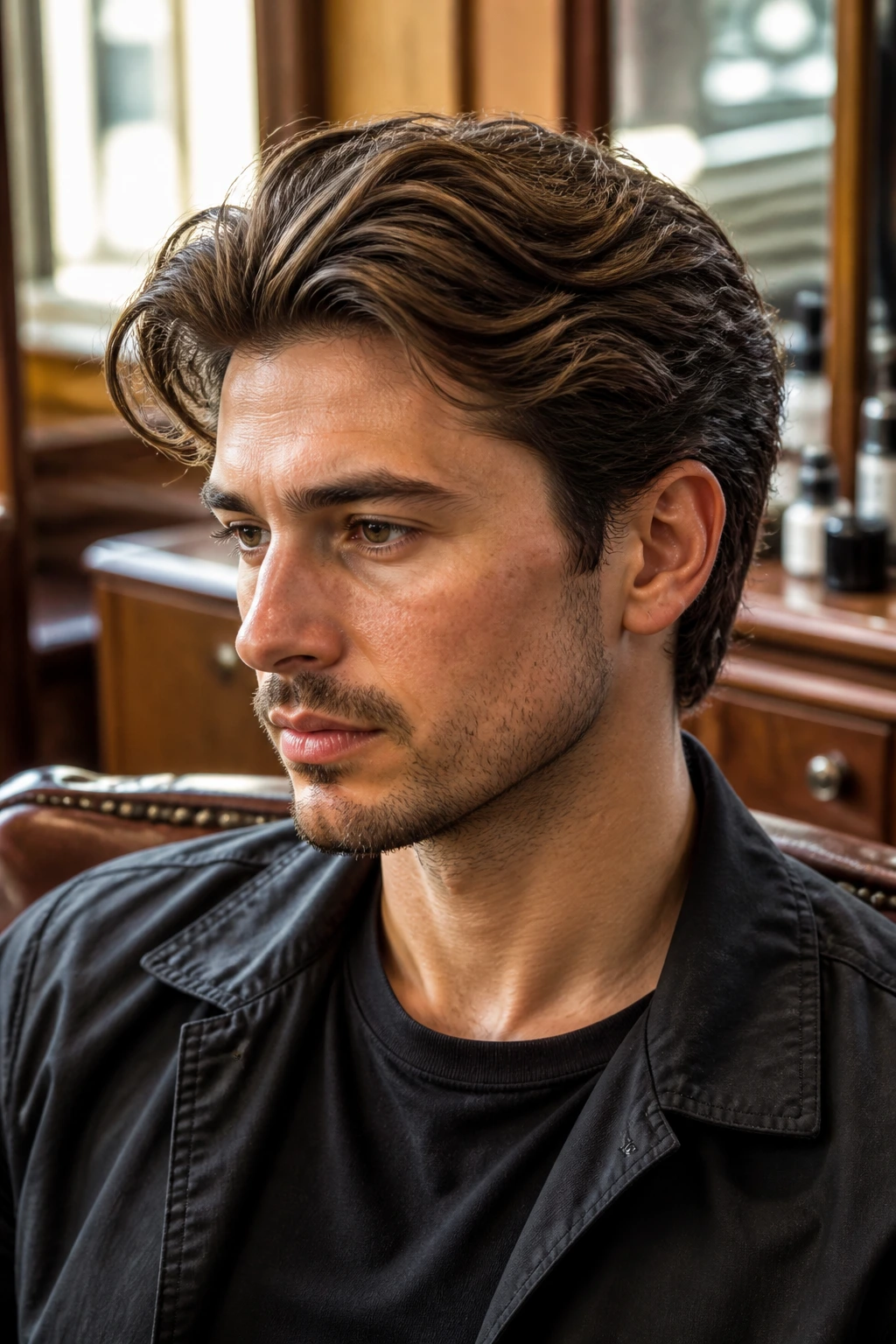 Close-up portrait of a man with feathered brush-back hairstyle showing feathered edges and layered waves in warm barbershop light