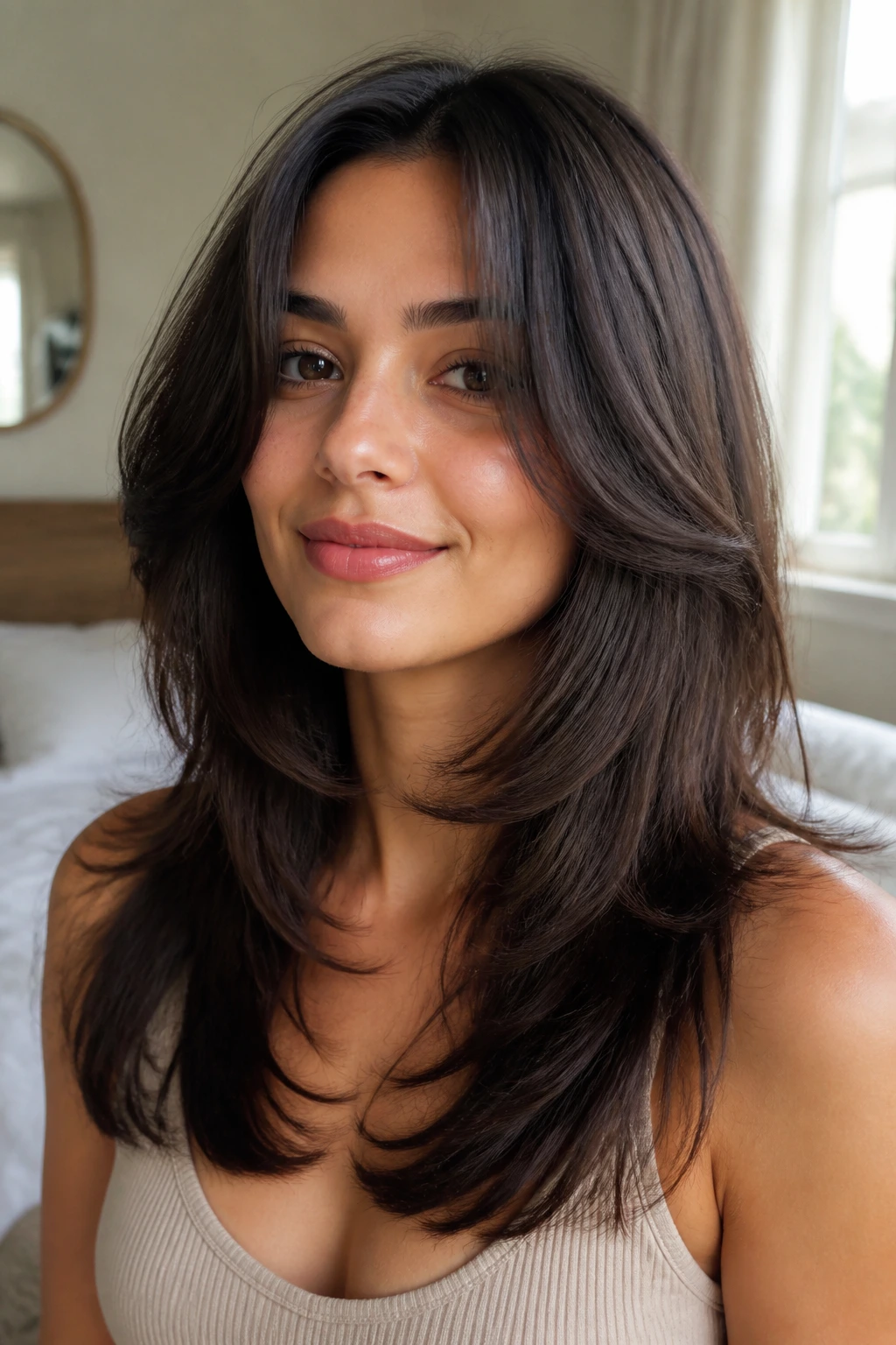 Close-up portrait of a real woman with oval face and feathered butterfly haircut showing the shortest layer and long perimeter.