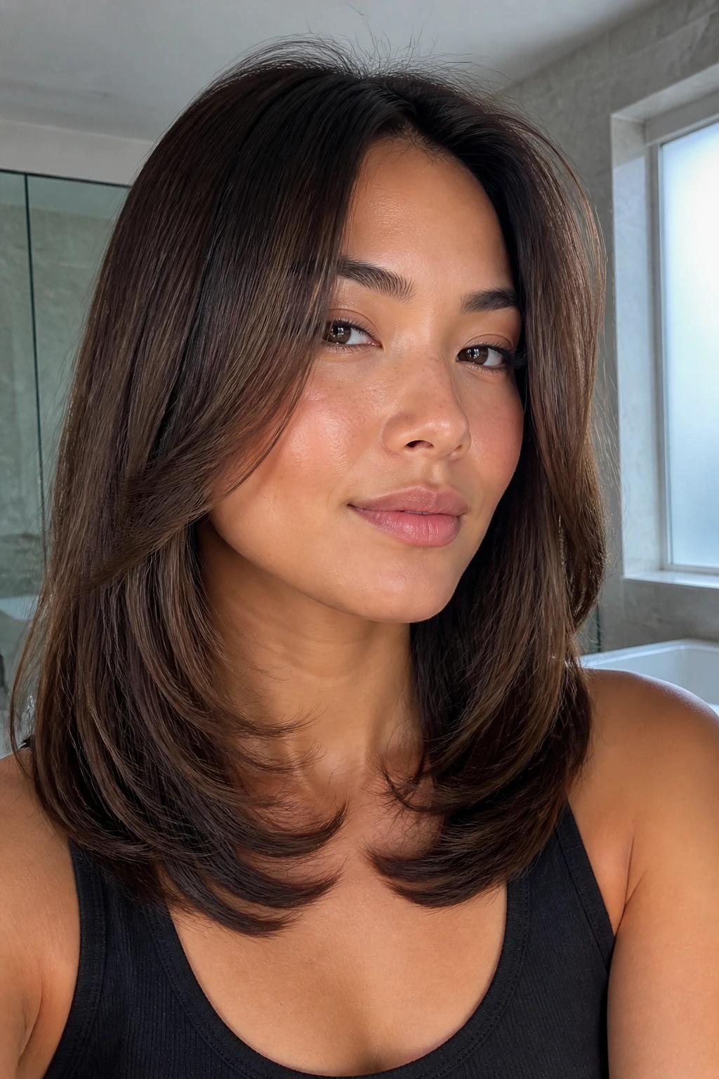 Portrait of real person with feathered C-Cut on straight hair