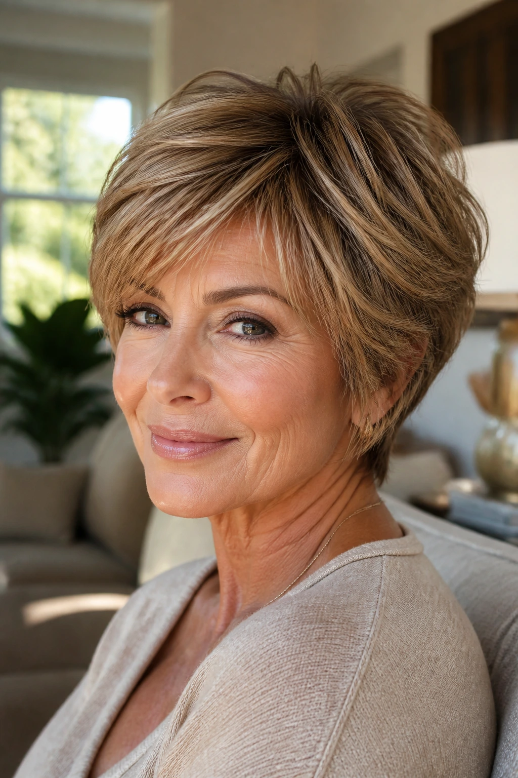 Close-up of an older woman with a caramel feathered crop hairstyle in warm lighting.