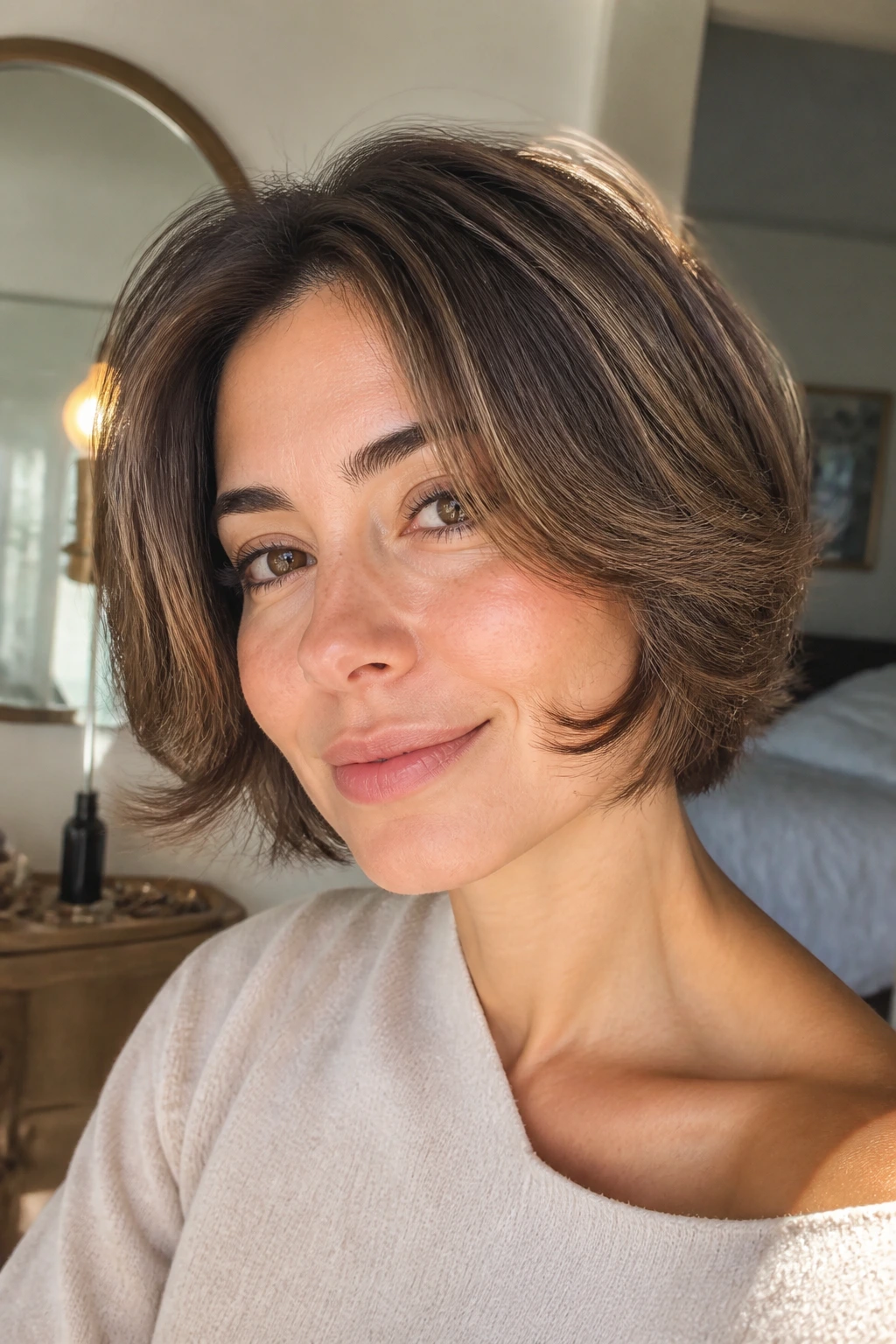 Close-up of a real woman with feathered chin-length bob and lifted cheekbones