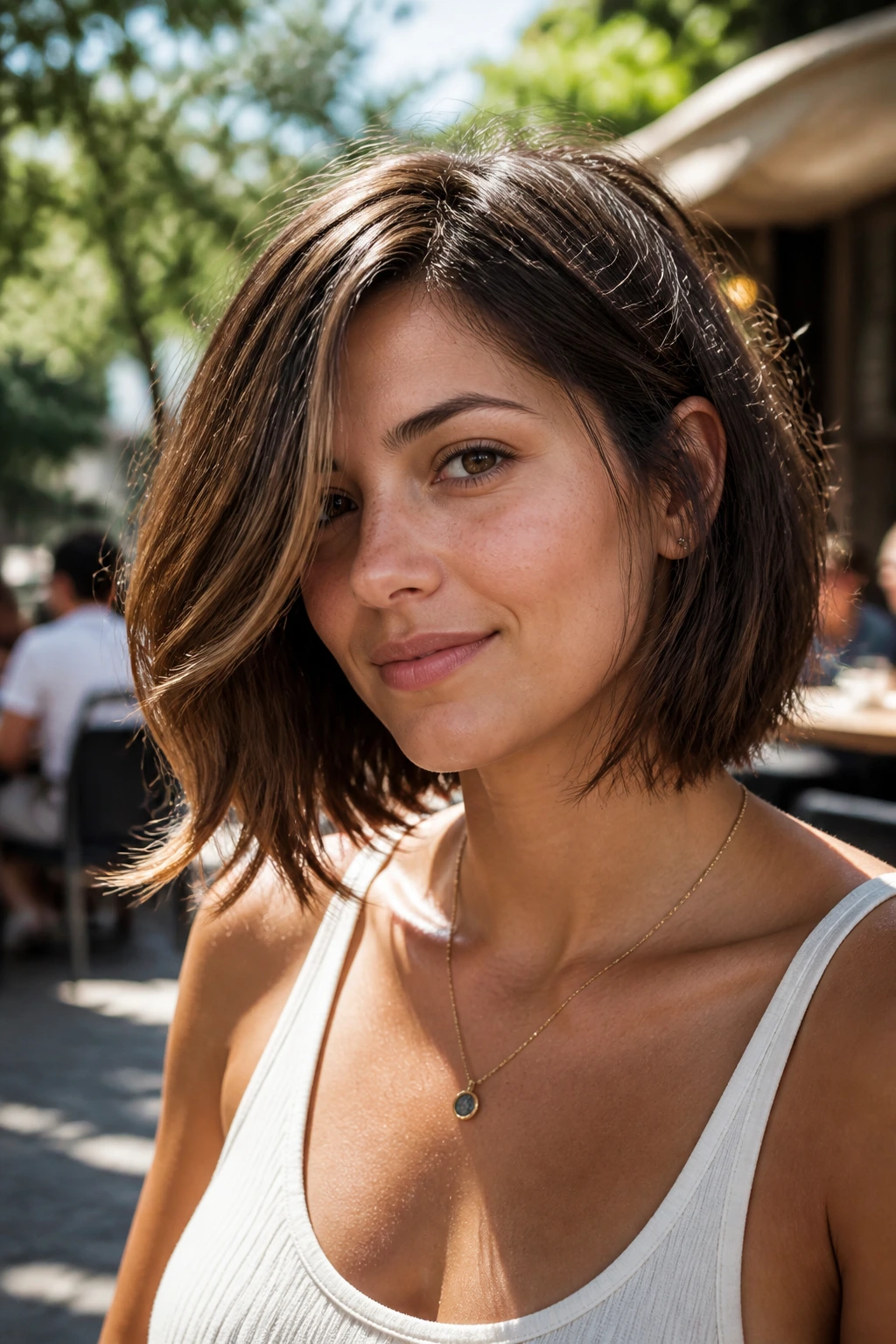 Close-up of a real person with a feathered collarbone-length bob in natural sunlight
