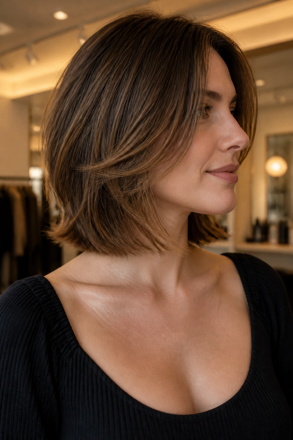 Close-up of a woman with a feathered collarbone bob and feathered ends.