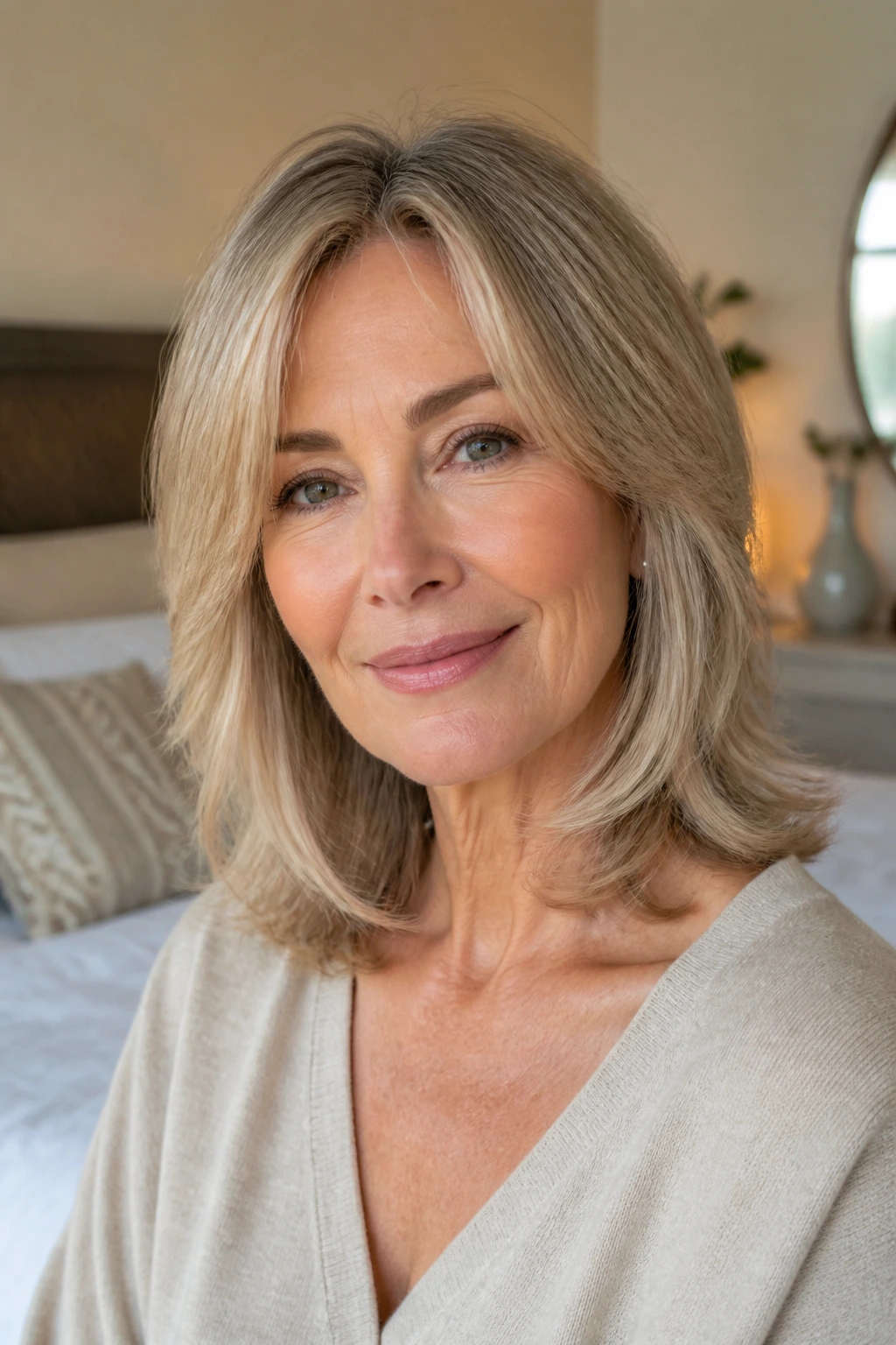Real woman with feathered collarbone-length layers in bright bedroom light