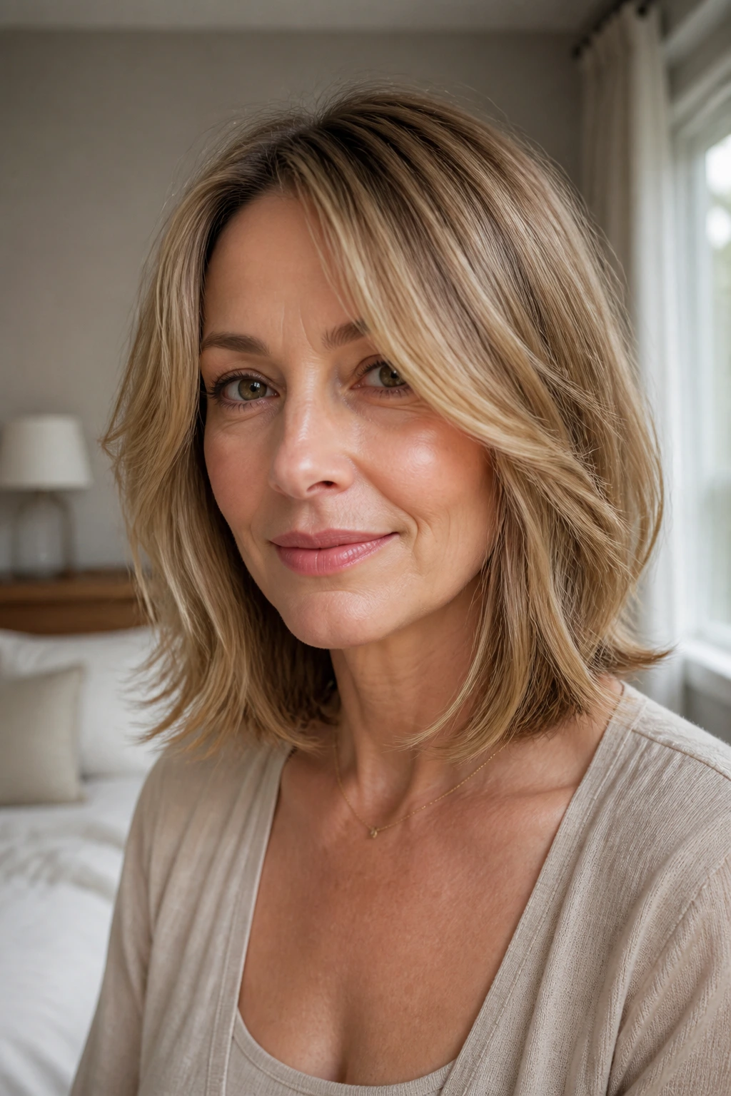 Close-up of woman with feathered collarbone lob in soft bedroom light