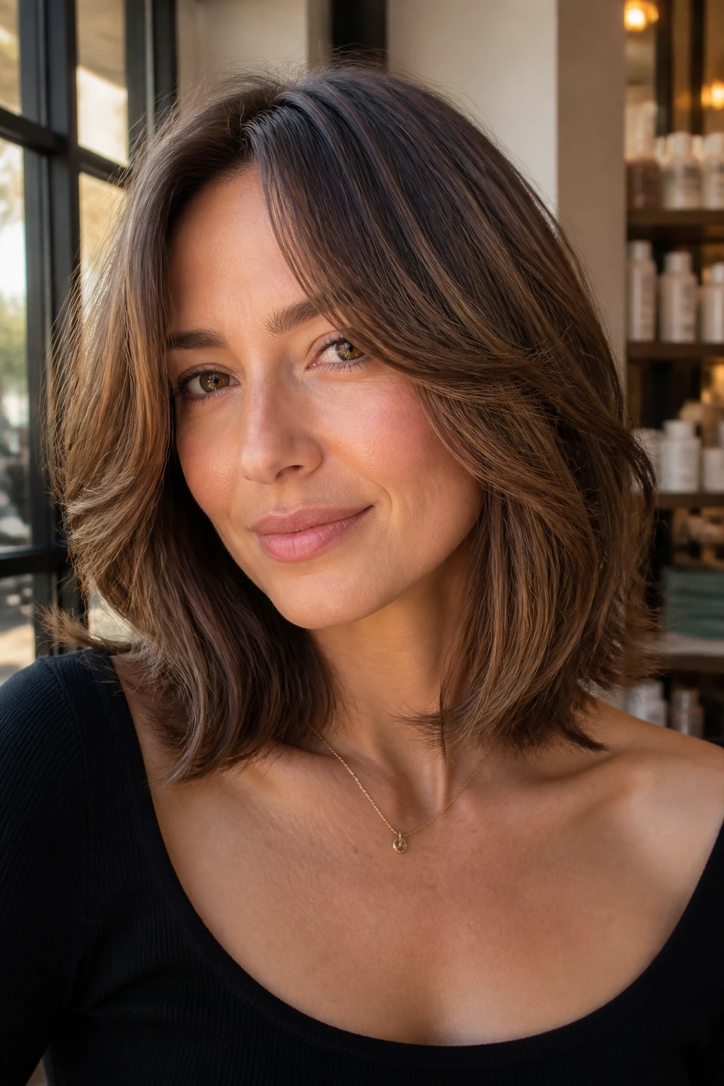 Close-up of a real woman displaying a feathered collarbone lob with movement