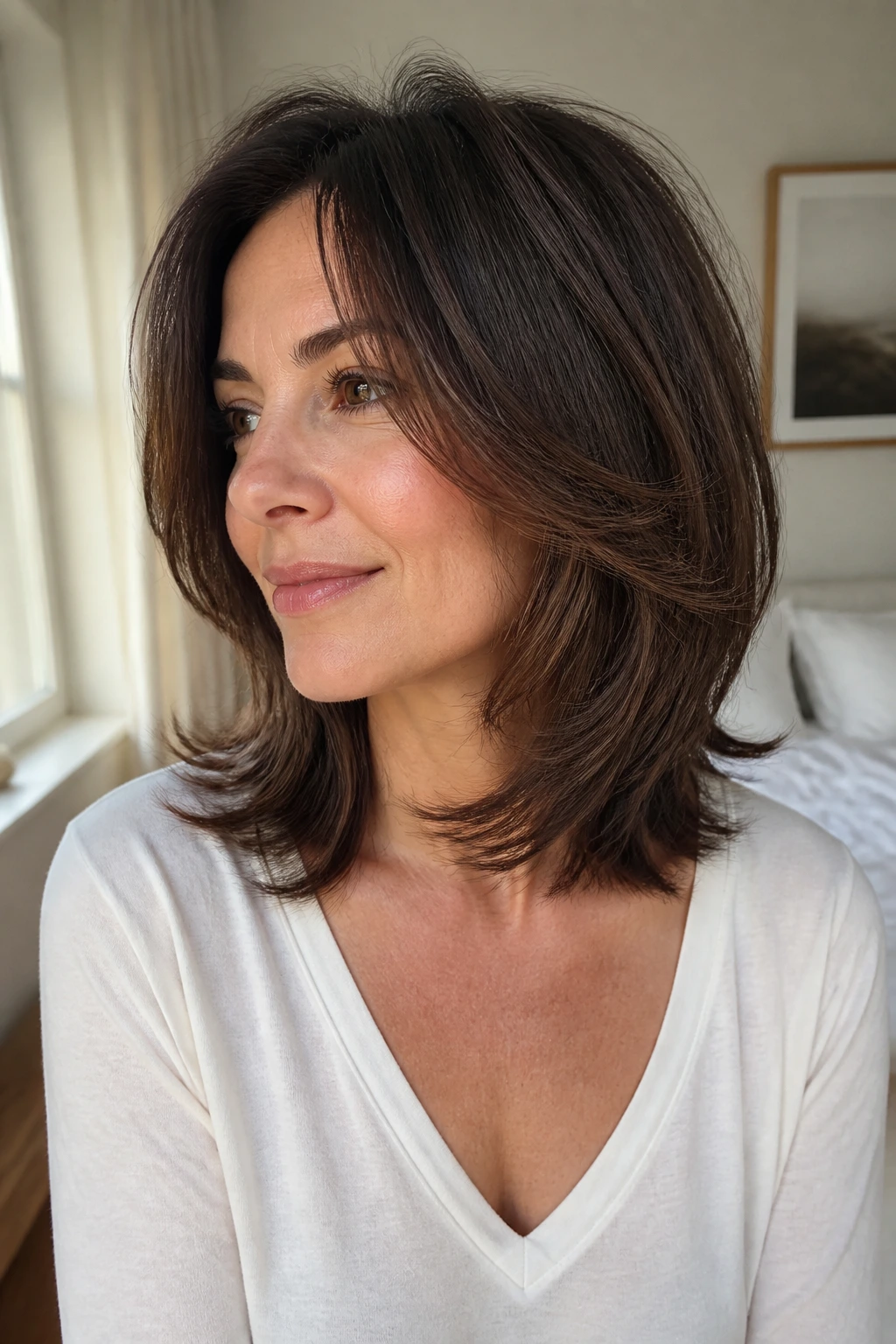 Close-up of a real woman with feathered collarbone lob, soft flicked ends.