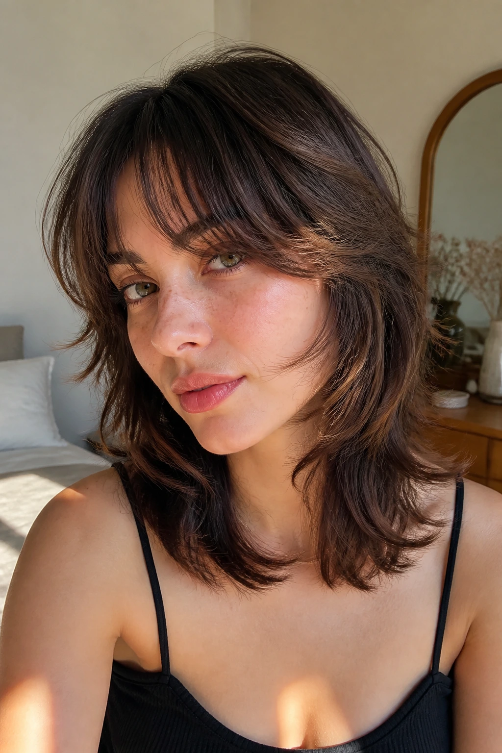 Close-up of a real person with a collarbone-length shag featuring feathered cheekbone layers.