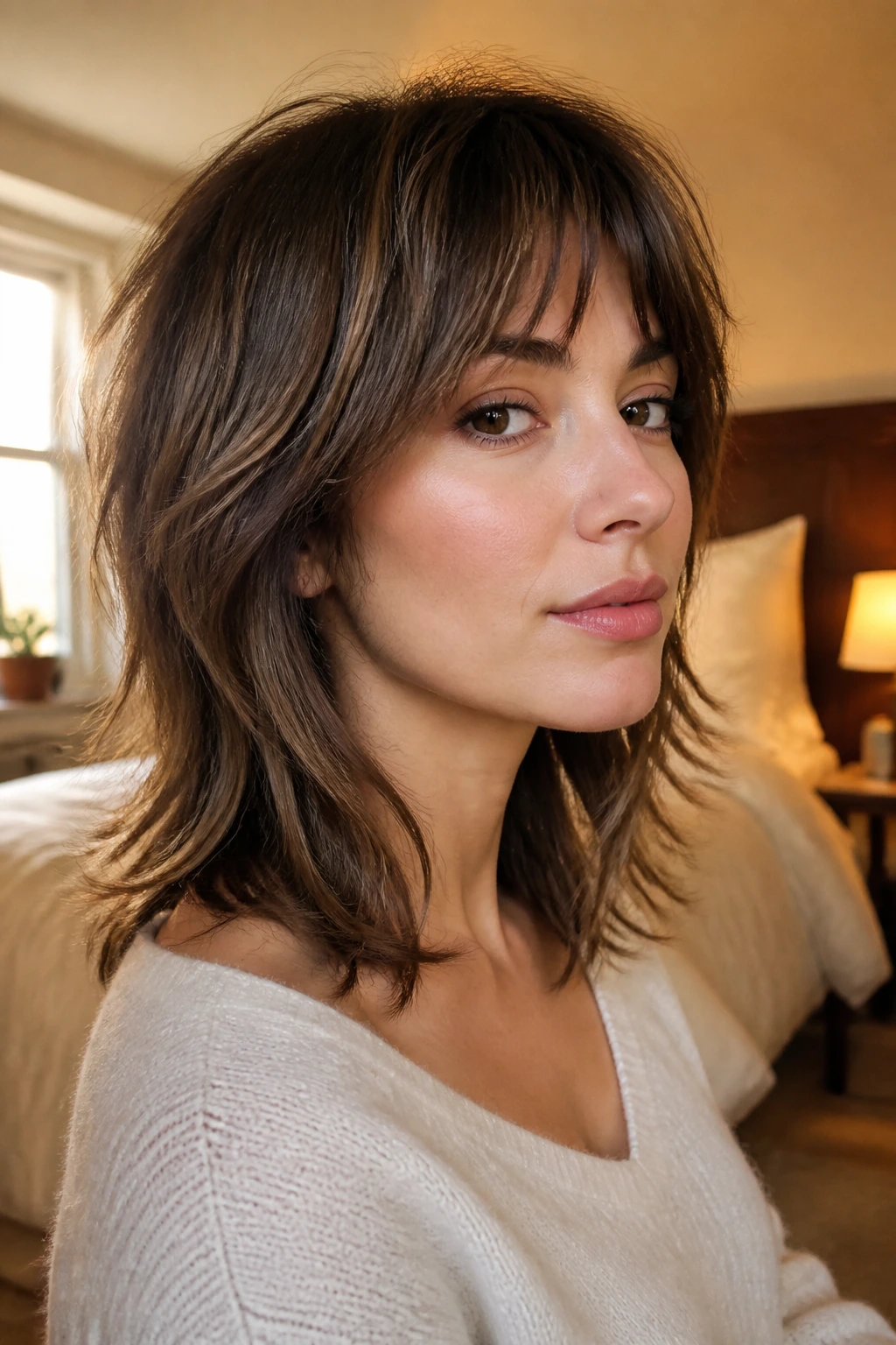 Close-up of collarbone-length shag with feathered top layers on a real woman
