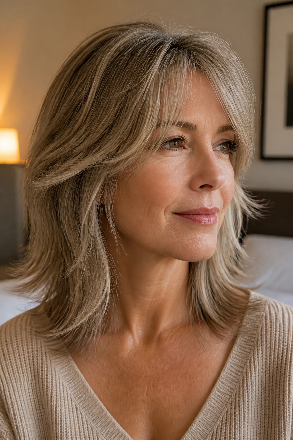 Portrait of a real woman with feathered collarbone shag in warm bedroom light.