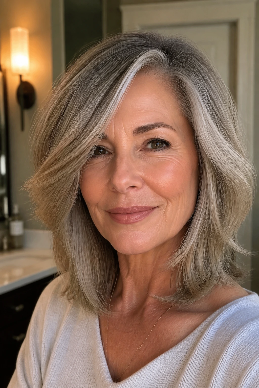 Close-up portrait of a real woman with feathered collarbone shag and a soft side part.