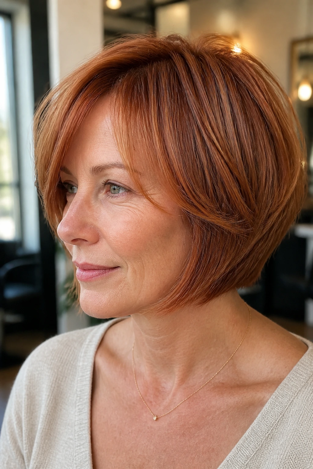 Close-up portrait of a real woman with a feathered copper bob showing lift and interior feathering