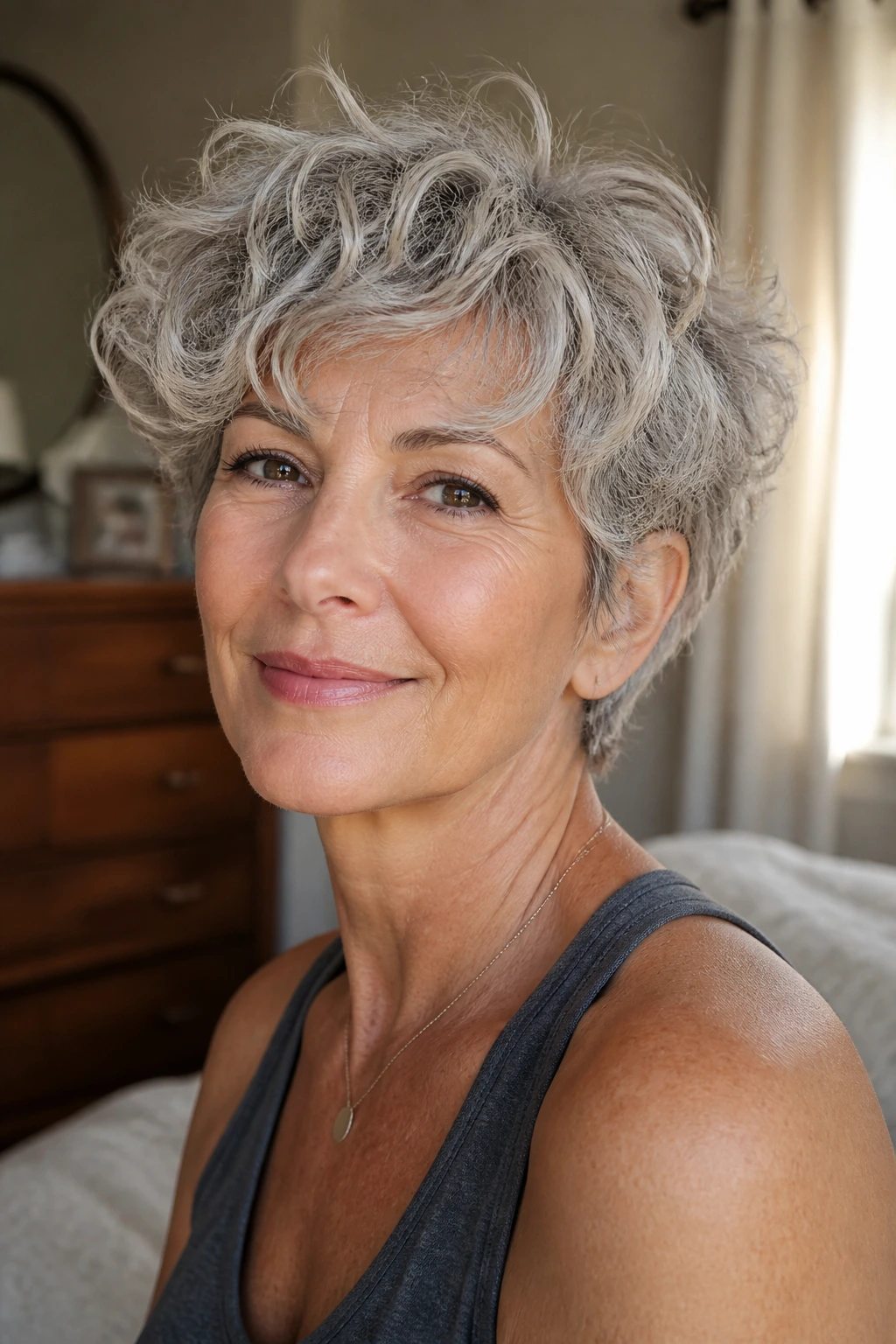 Close-up portrait of a real woman with a feathered crop and airy ends in soft window light