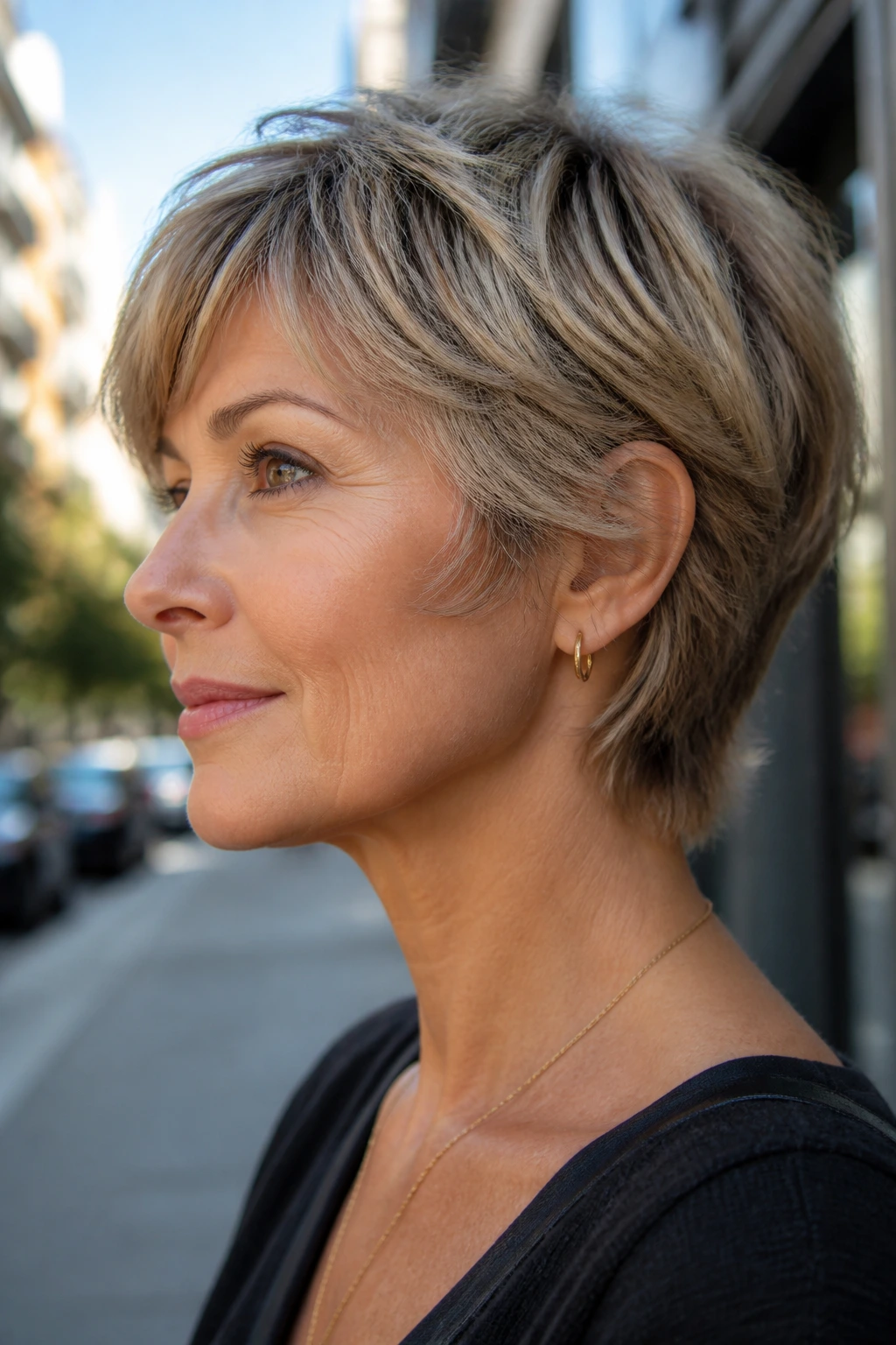 Portrait of a real woman with a feathered crop around the ears on a breezy street.
