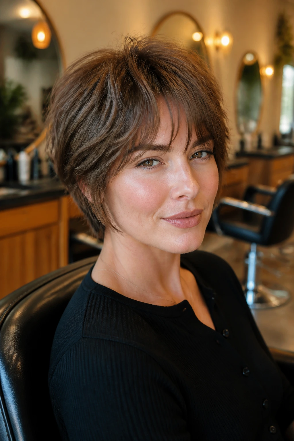 Portrait of a real woman with feathered crop and bottleneck bangs in a salon.