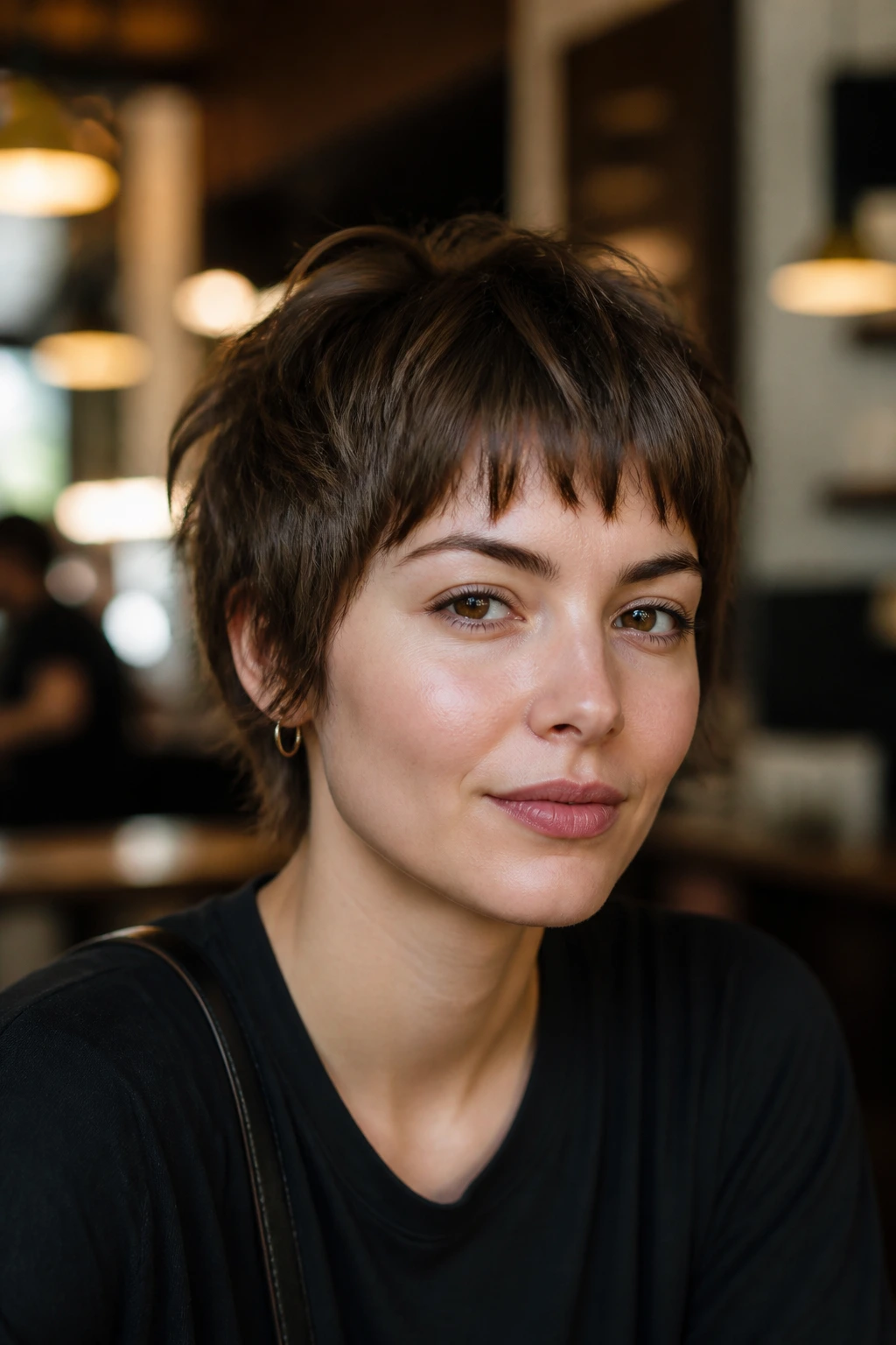 Close-up portrait of a real person with a feathered crop and choppy bangs in cafe lighting
