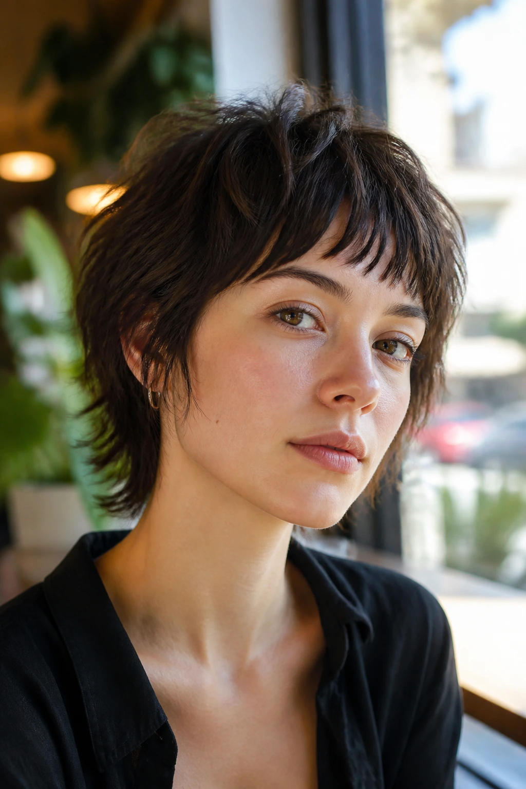 Close-up of a person with feathered crop and choppy bangs in a sunlit café