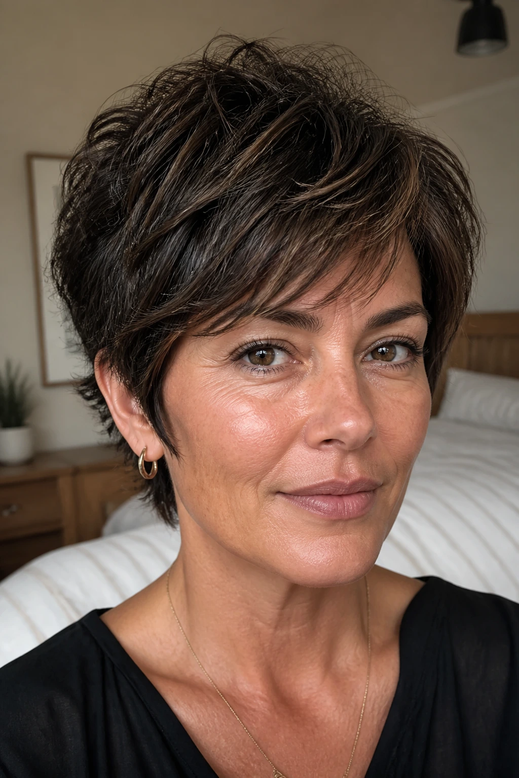 Close-up portrait of a real person with a feathered crop on coarse hair