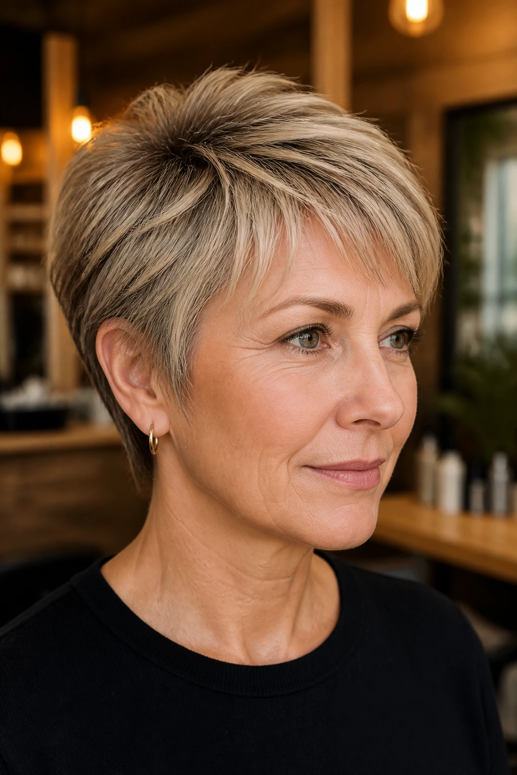 Close-up portrait of a real woman with a fine-hair feathered crop and lifted crown in warm salon light