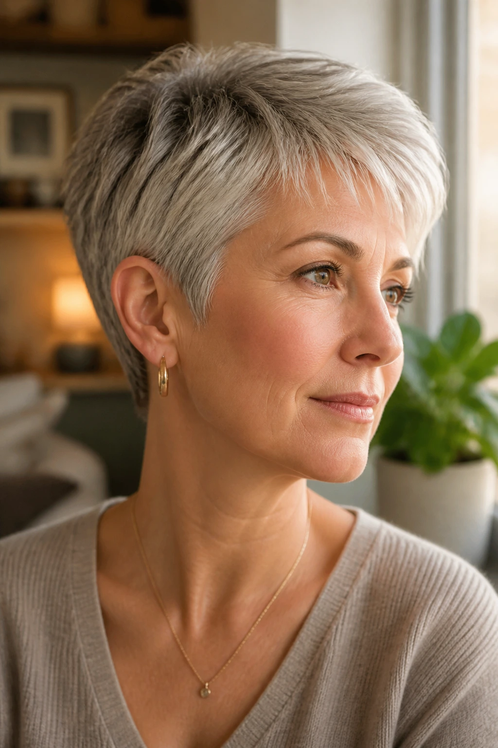 Real woman with feathered crop and ear tuck in a cozy living room setting.