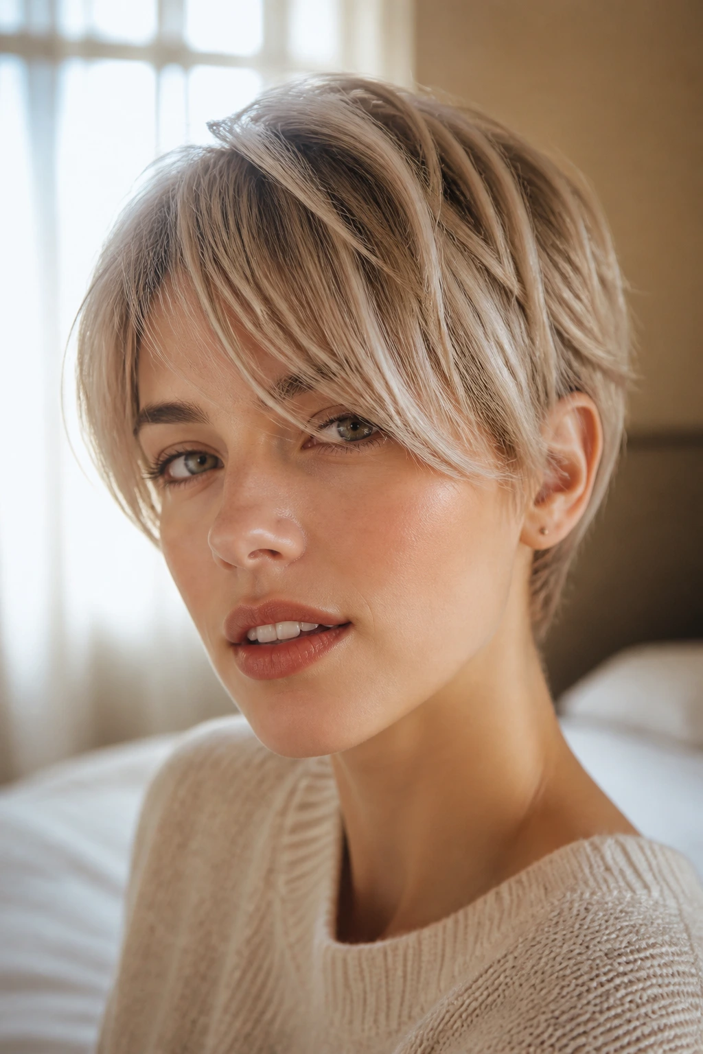 Close-up of a real woman with a feathered crop and long fringe in natural window light