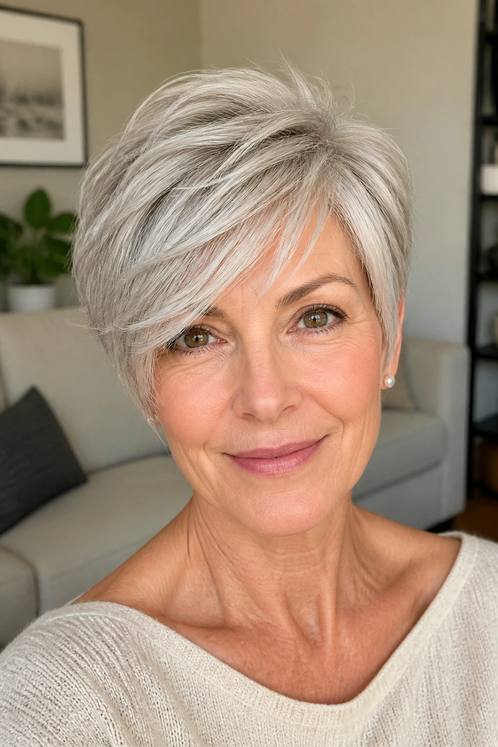 Close-up portrait of a real woman with feathered crop and side fringe in living room light