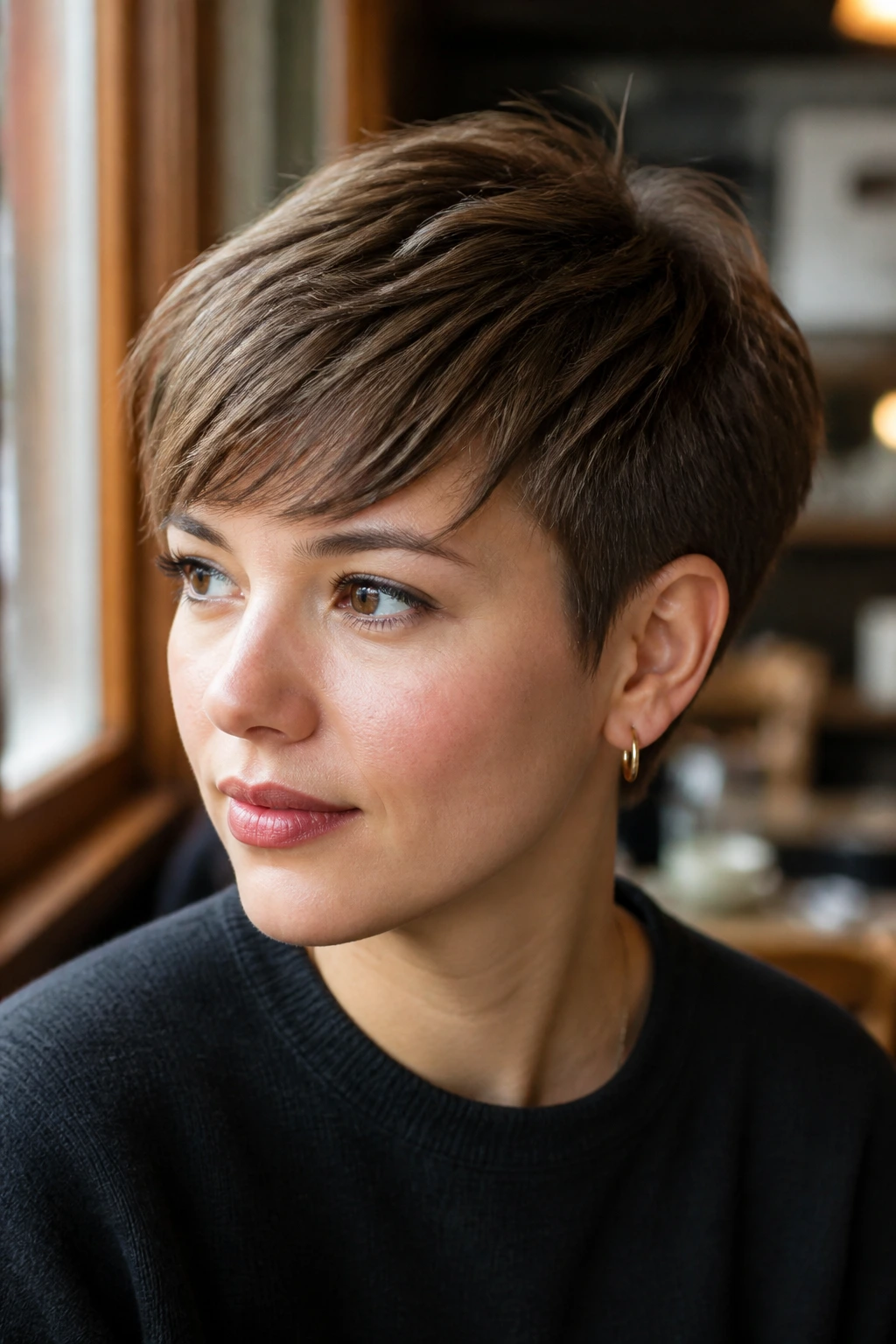Close-up portrait of a real person with feathered crop and brush-forward fringe
