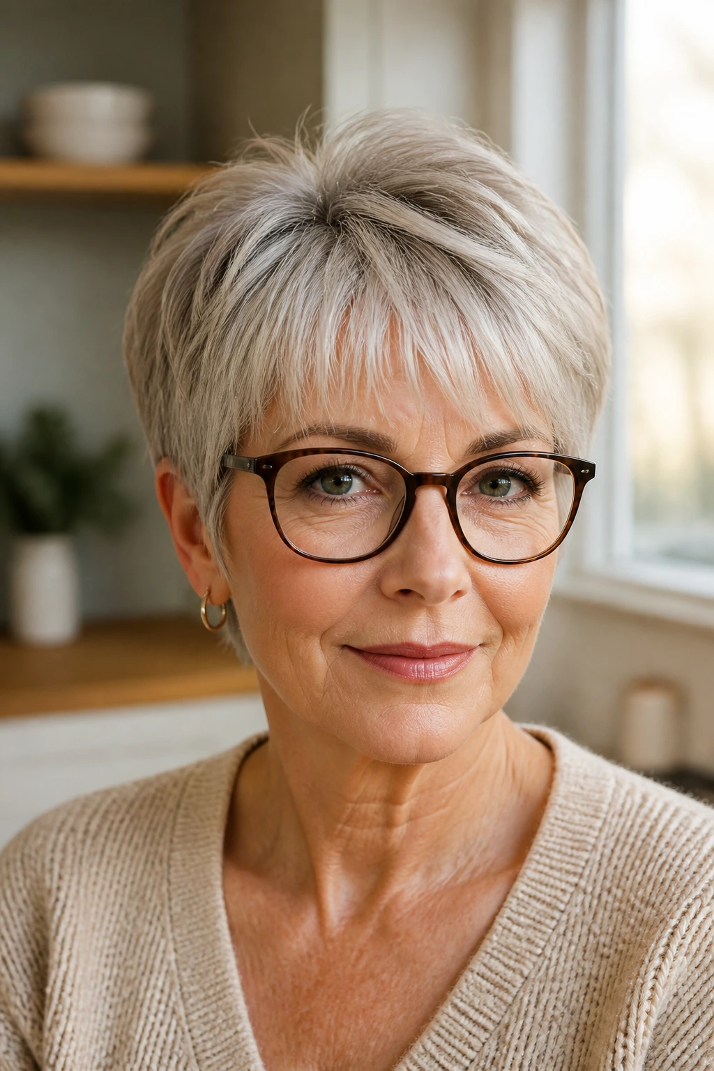 Close-up of a woman with feathered crop and light fringe clearing glasses