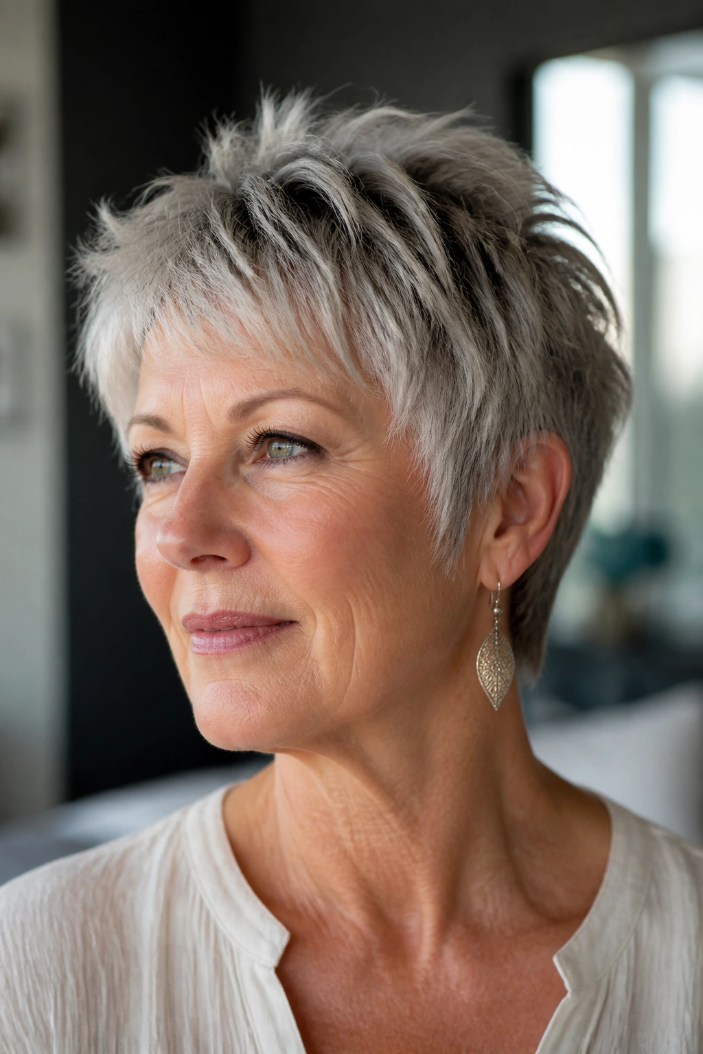 Close-up portrait of a woman with a feathered crop in bright room