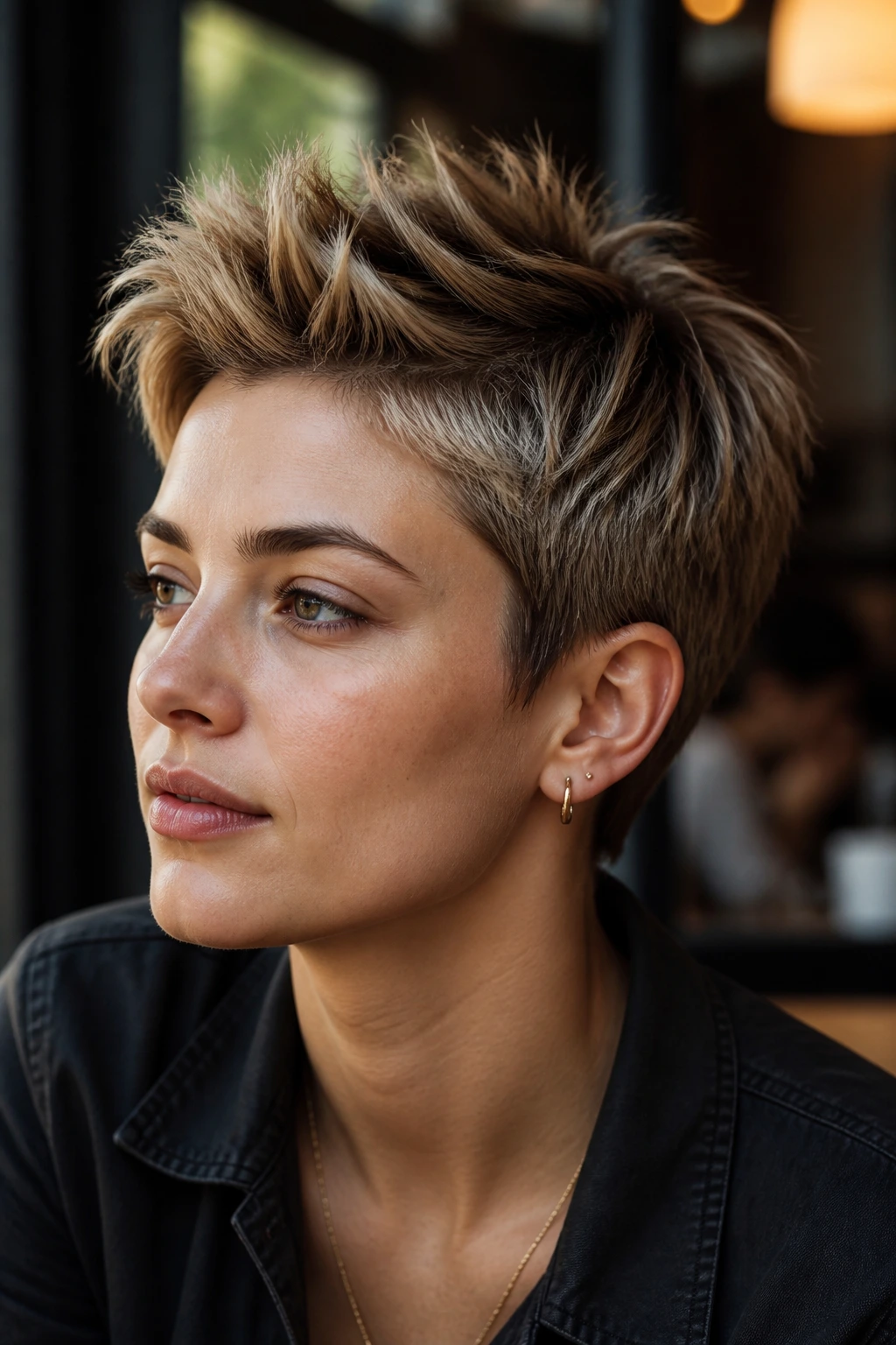 Close-up portrait of a real person with a feathered crop and lifted crown in a sunlit cafe.
