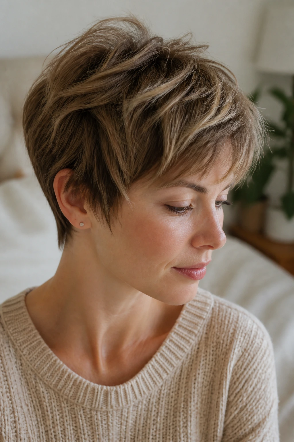 Close-up portrait of a real woman with a feathered crop and light movement around temples
