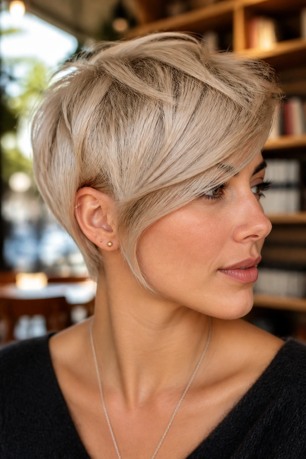 Close-up portrait of a woman with a feathered crop and long side fringe in a cafe setting.