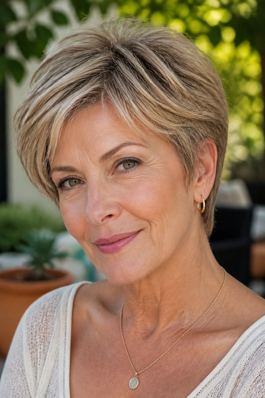 Close-up portrait of a real woman with a feathered crop and longer top.