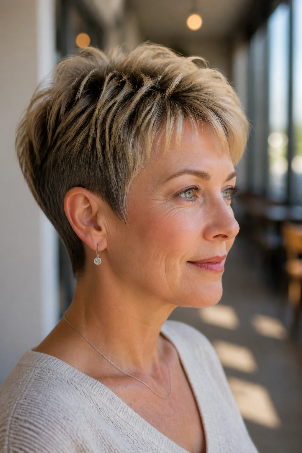 Portrait of a real woman with a feathered crop and neckline taper in bright daylight