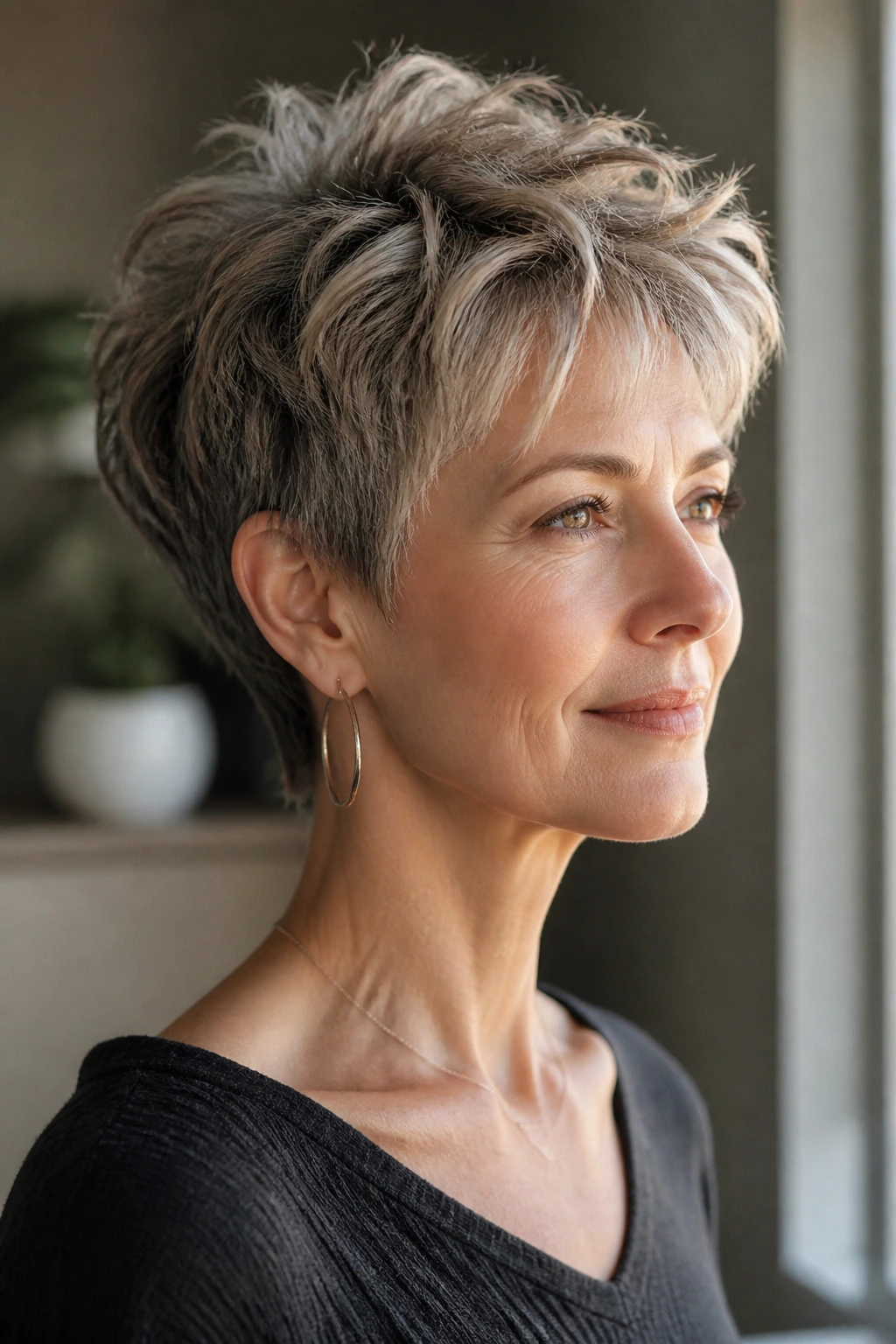 Portrait of woman with feathered crop and crown lift
