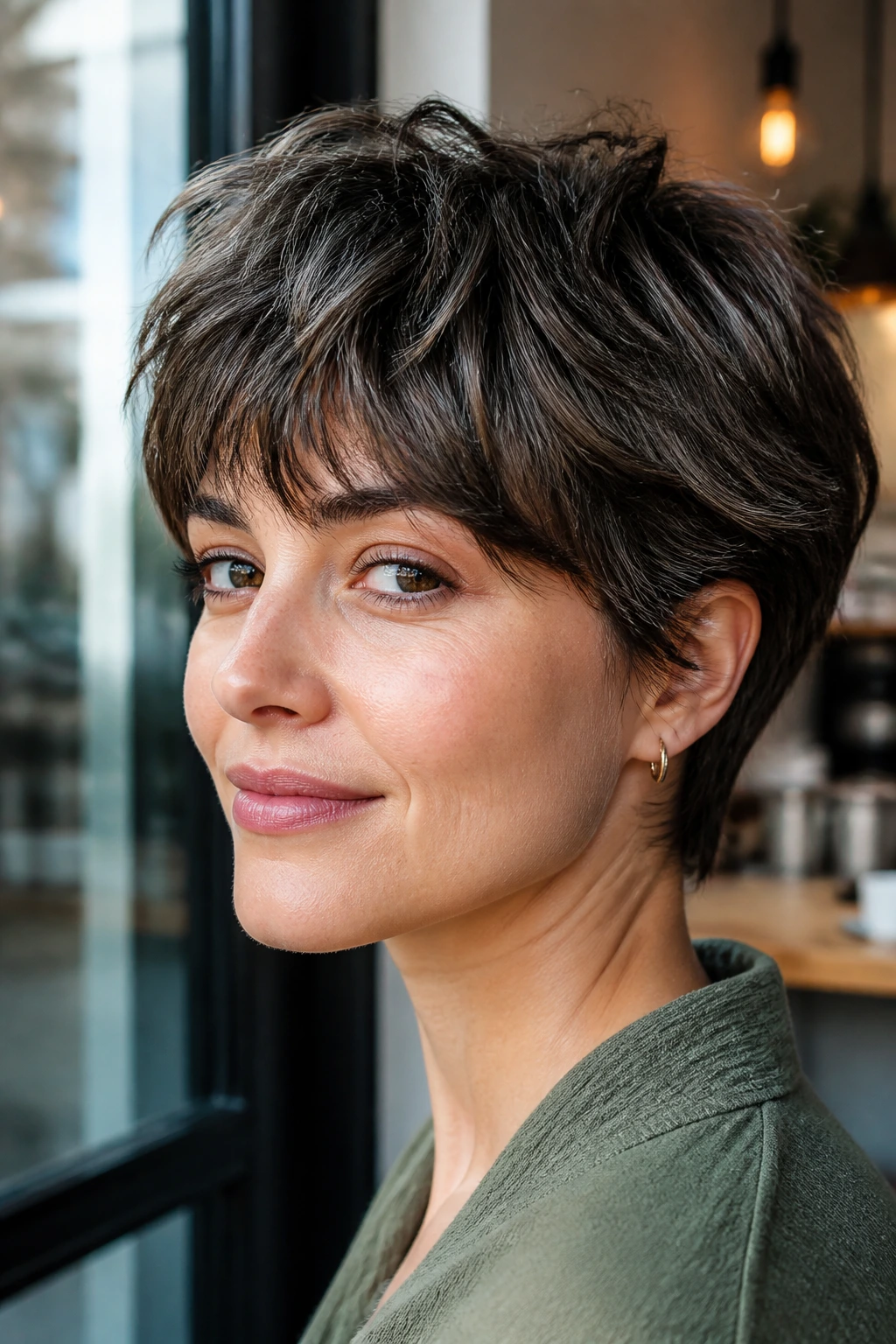 Close-up portrait of a real woman with a feathered crop in a cafe setting.